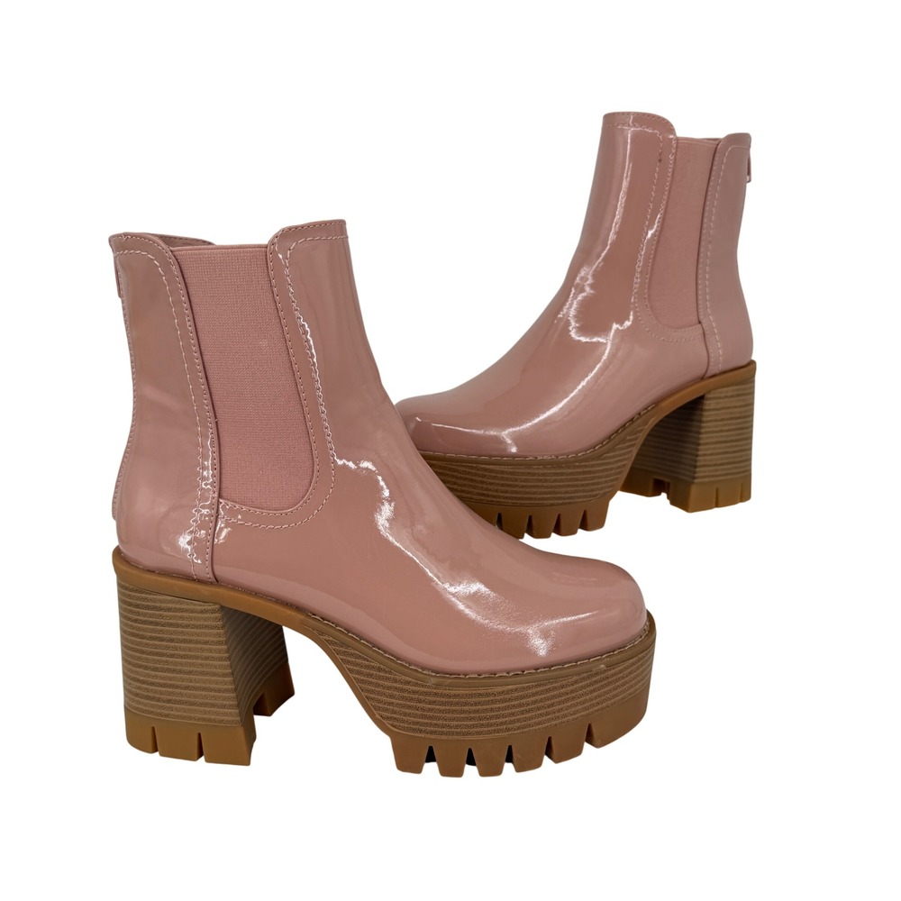 Madden Girl Gotcha Platform Ankle Boots Size 7.5M Pink Gloss Lug Sole Block Heel